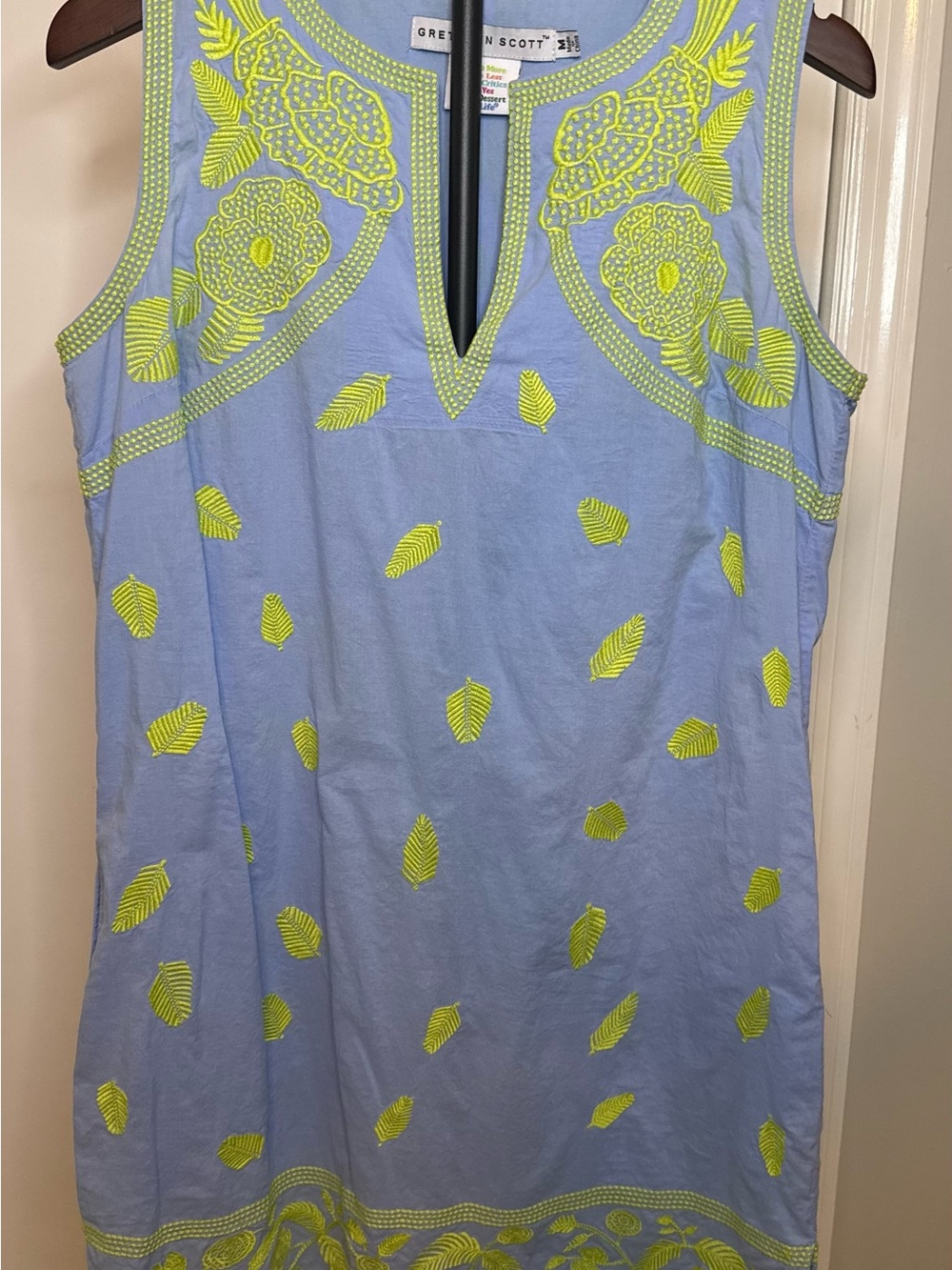 Gretchen Scott Women's Tank Shift Dress Light Blue with Lime Green Embroidery M